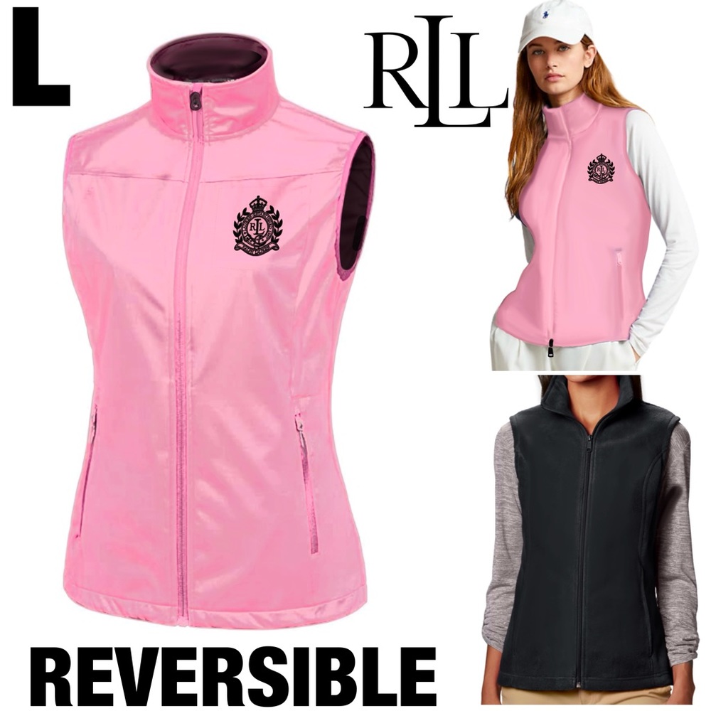 NWOT Lauren Ralph Lauren REVERSIBLE Pink / Black Logo Vest LARGE